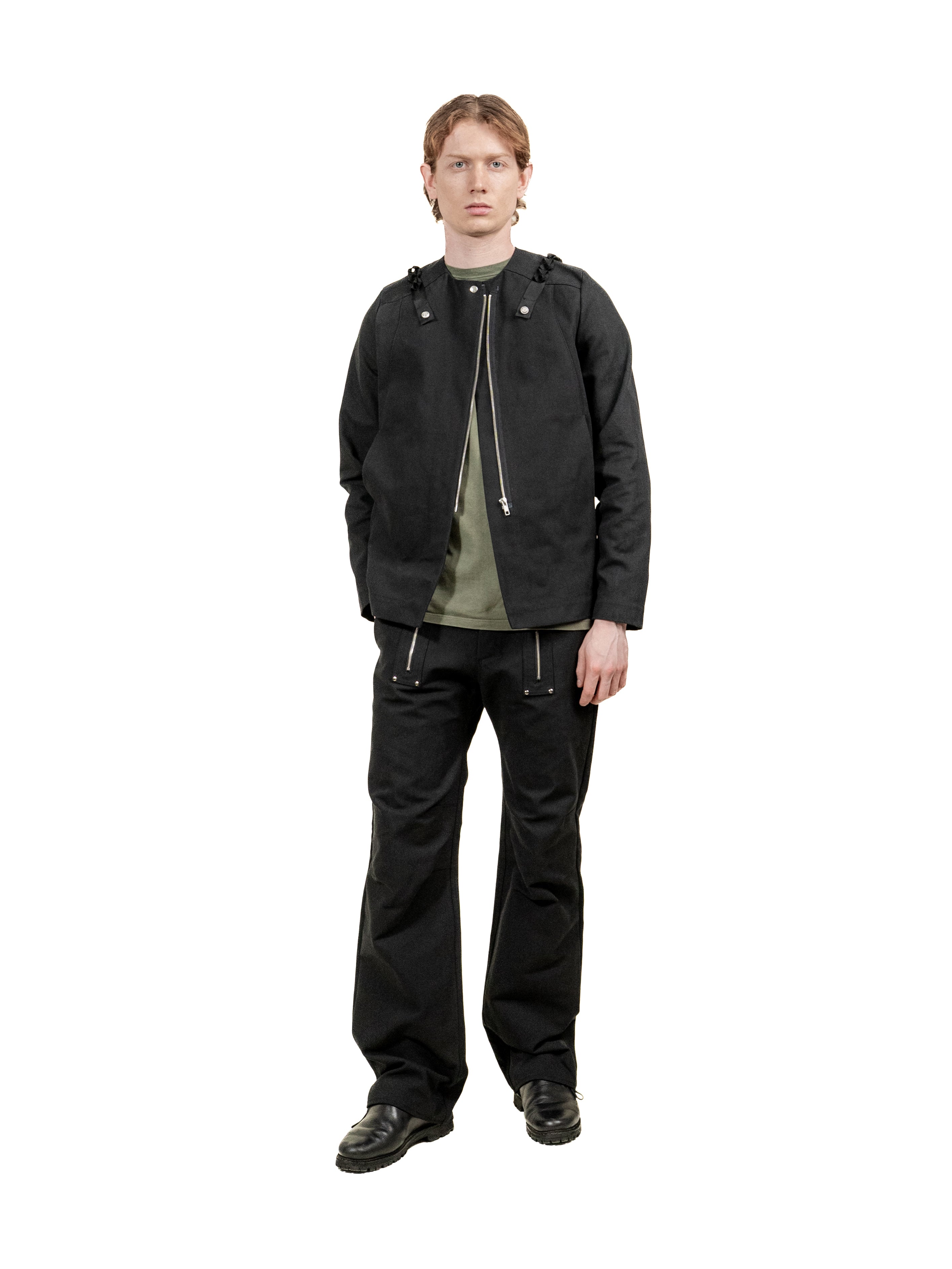 Classic black canvas jacket with offset zipper