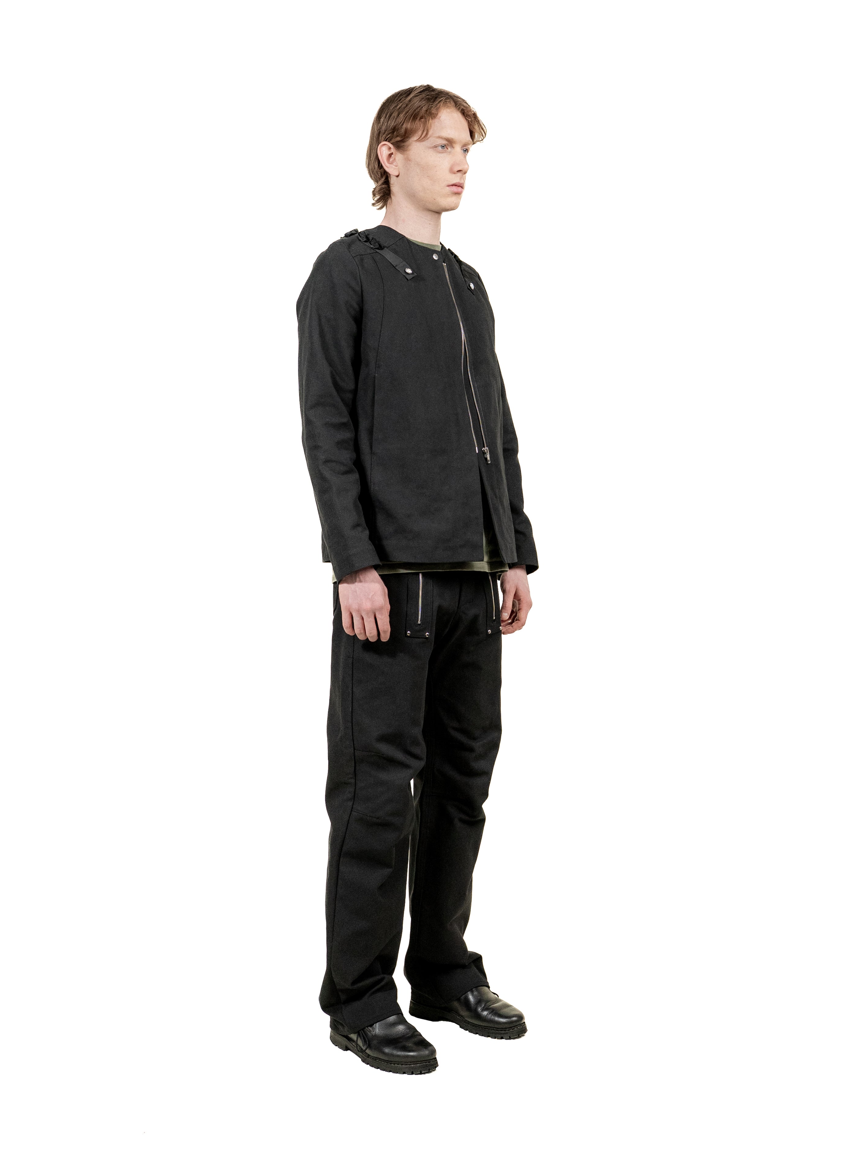 Classic black canvas jacket with offset zipper