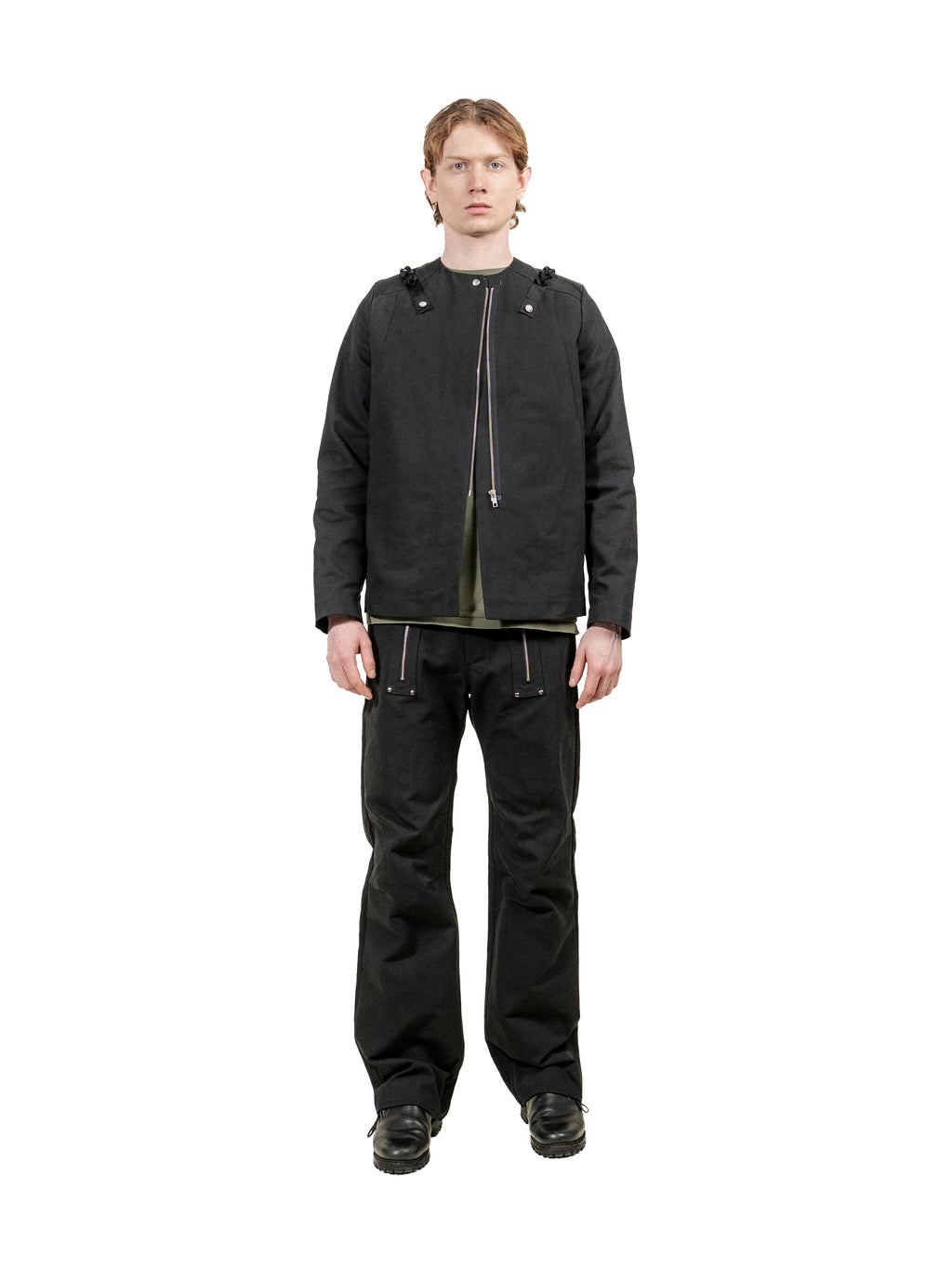 Classic black canvas jacket with offset zipper