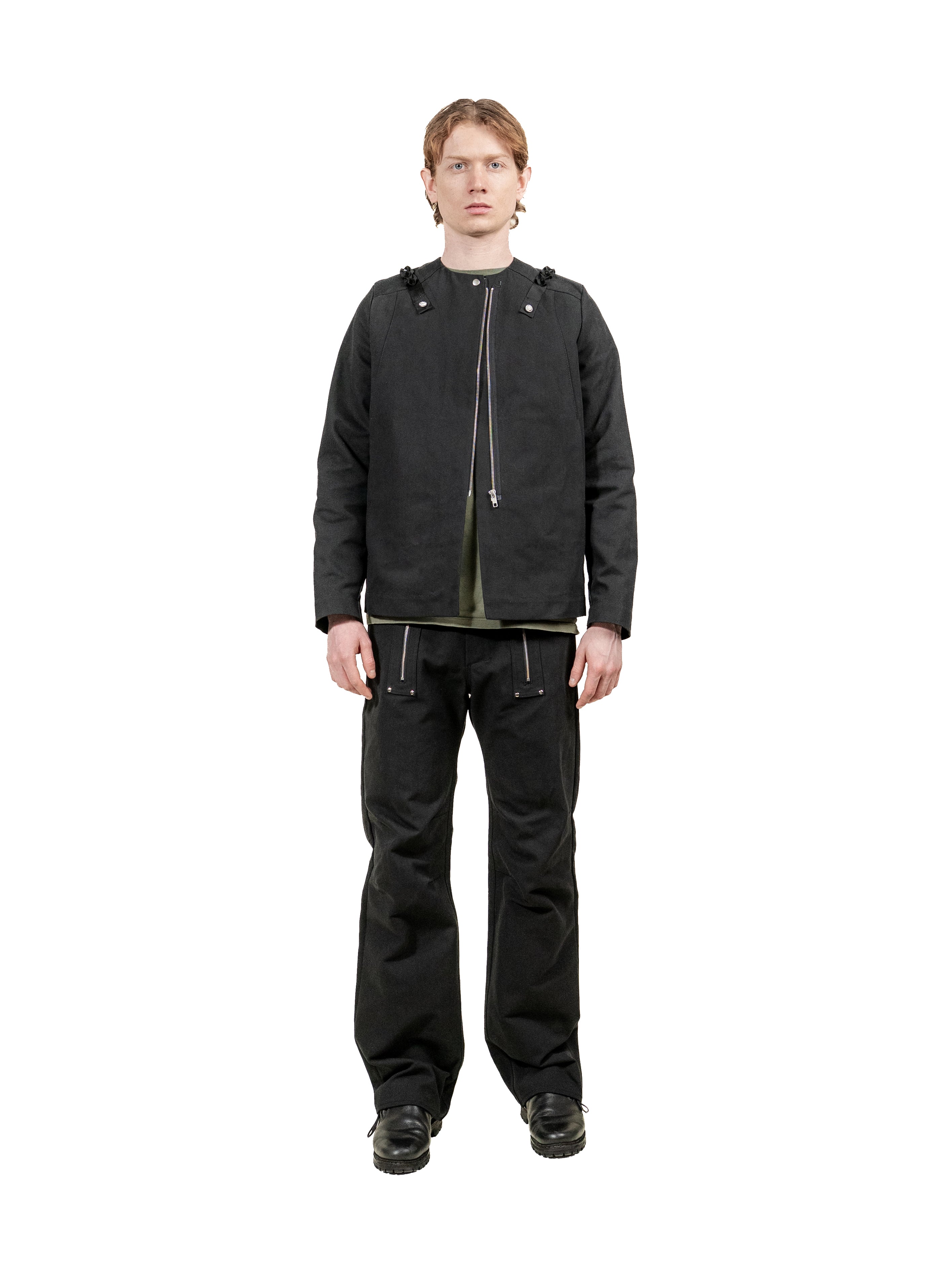 Classic black canvas jacket with offset zipper