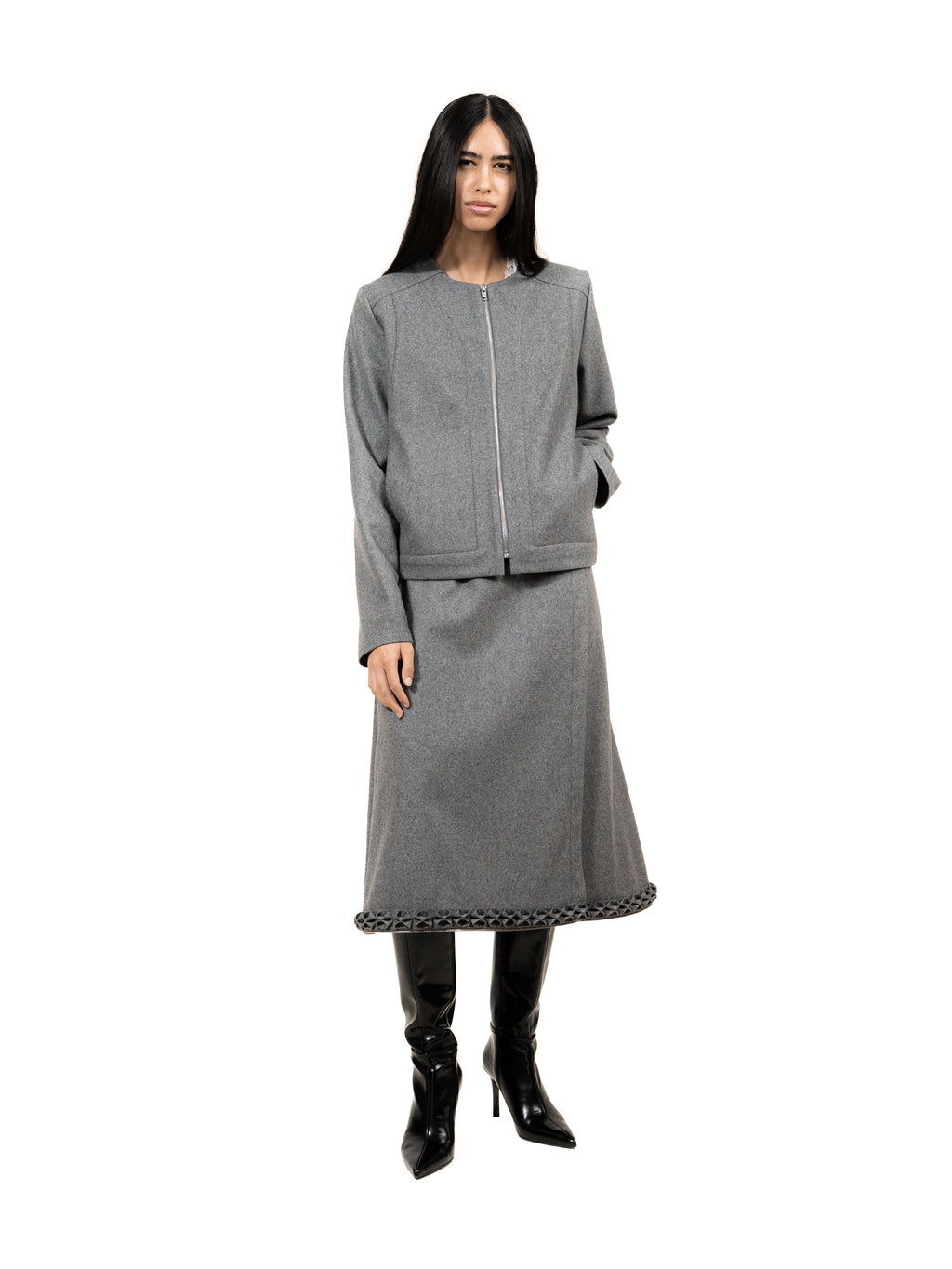 Classic grey wool Zipper Jacket with back print